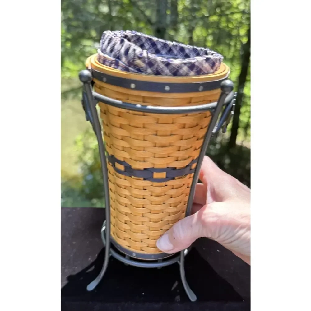 Longaberger CC J.W. Mini Umbrella Basket w Prot Liner Wrought Iron Stand Mint!
